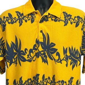 Faded Glory Hawaiian Polo Shirt Floral Striped Yellow Blue Mens L Large